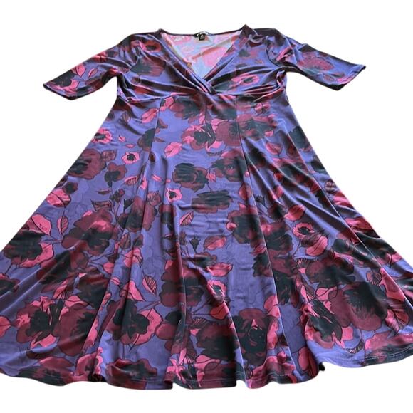 George Purple Floral Print Knit Dress Woman Size Large 12/14 Surplice Full Skirt - Picture 5 of 10